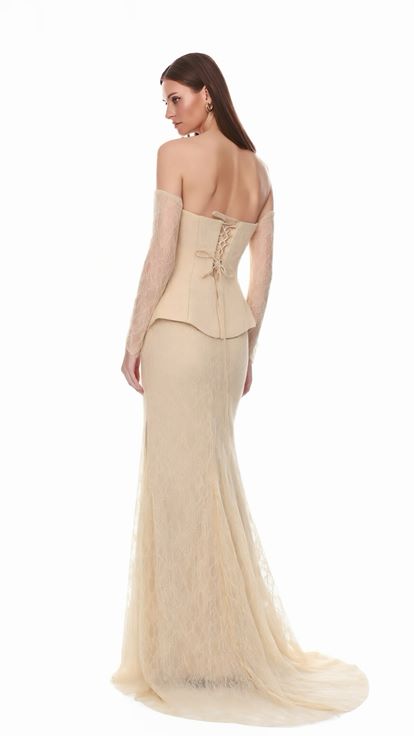 Bej Peplum Detaylı  Dantelli Abiye  Elbise